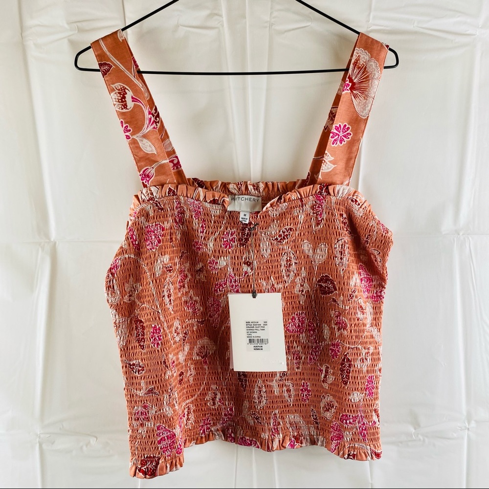 Witchery Pink Floral Shirred Frill Trim Square Neckline Cropped Tank Top Size XL - Picture 3 of 14